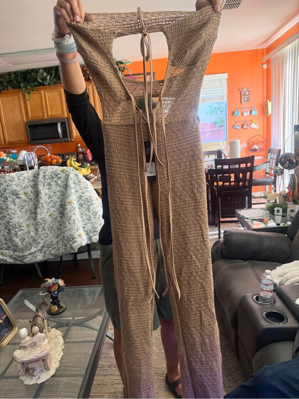 Crochet Tie-Back Jumpsuit in Taupe